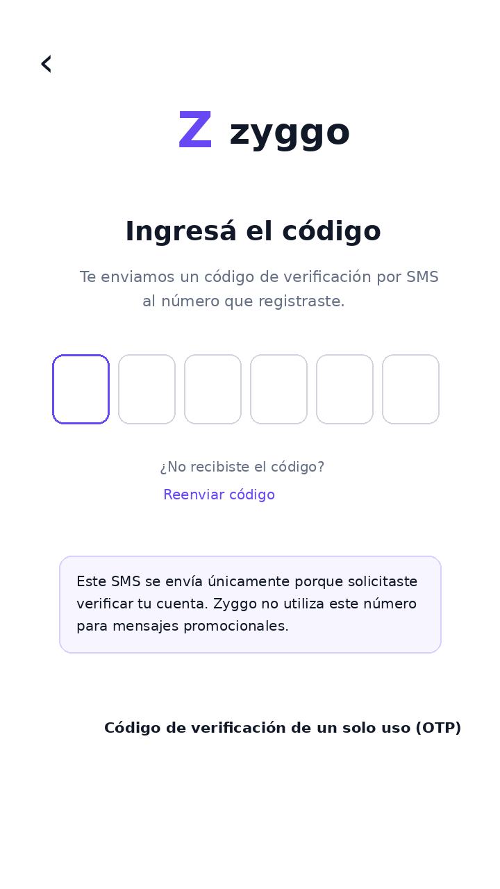 Pantalla real de Zyggo para ingresar el código de verificación OTP recibido por SMS