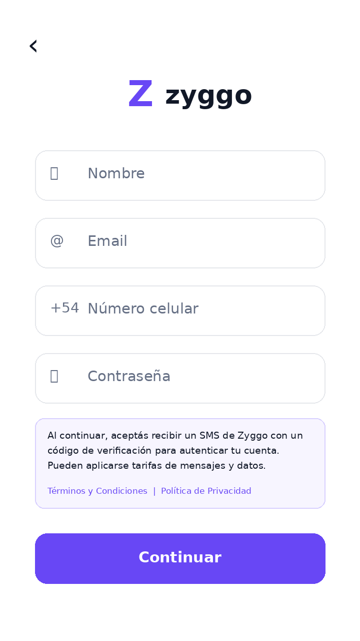 Pantalla real de registro de Zyggo con campo de número celular, aviso de consentimiento SMS y enlaces legales